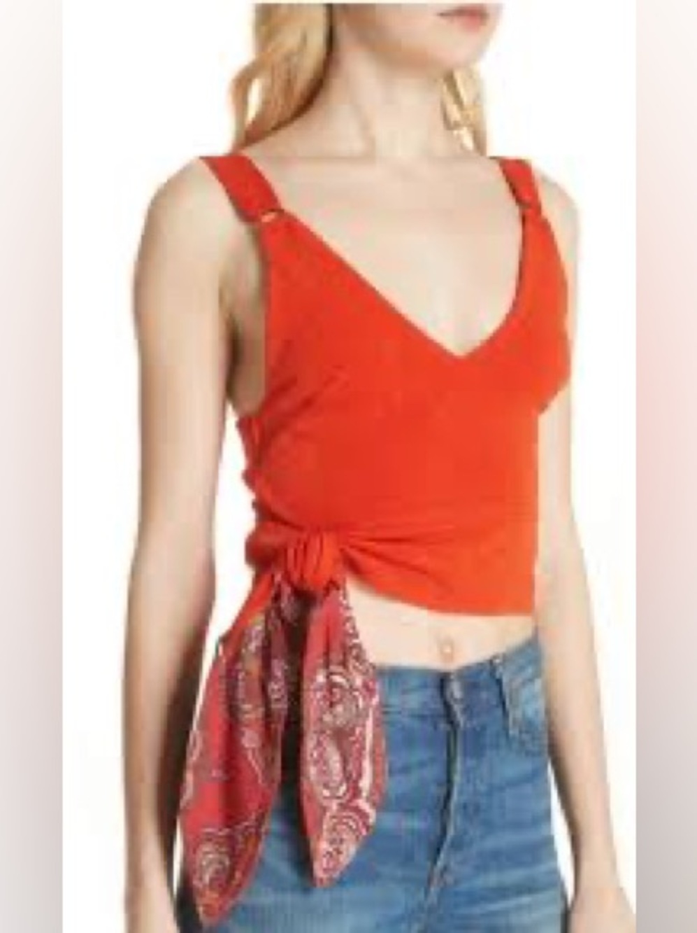 Free People | Paisley Pop Tank | Contrast Print | Side Tie | Red Orange | XS